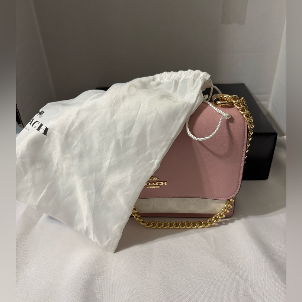 Coach Klare Crossbody Bag Signature Canvas Leather Pink Cream gold chain strap - Picture 13 of 16